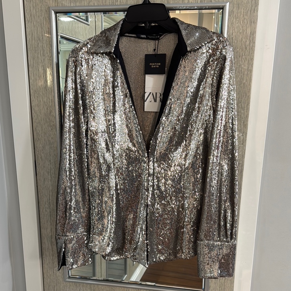 Zara Silver Sequin Button-Down Shirt